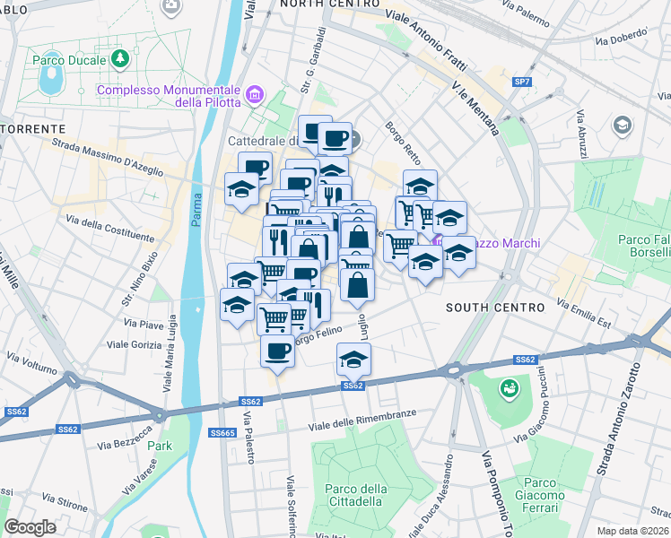 map of restaurants, bars, coffee shops, grocery stores, and more near 16 Strada XXII Luglio in Parma