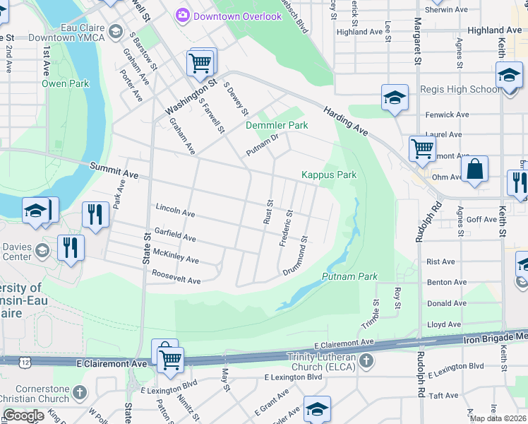 map of restaurants, bars, coffee shops, grocery stores, and more near 524 Lincoln Avenue in Eau Claire