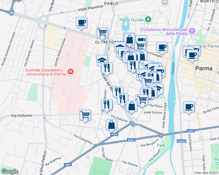 map of restaurants, bars, coffee shops, grocery stores, and more near 29 Viale Vittoria in Parma
