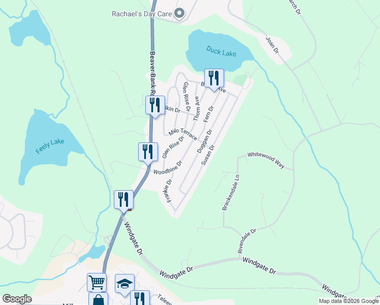 map of restaurants, bars, coffee shops, grocery stores, and more near 1512 Woodbine Drive in Beaver Bank
