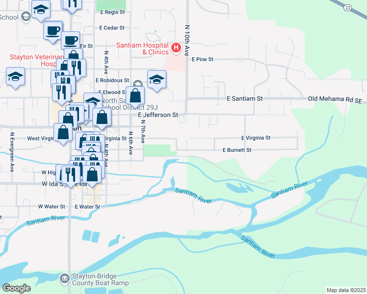 map of restaurants, bars, coffee shops, grocery stores, and more near 953 East Burnett Street in Stayton