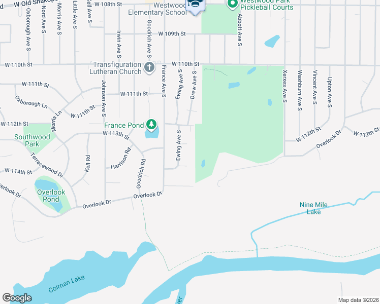map of restaurants, bars, coffee shops, grocery stores, and more near 11313 Ewing Circle South in Minneapolis