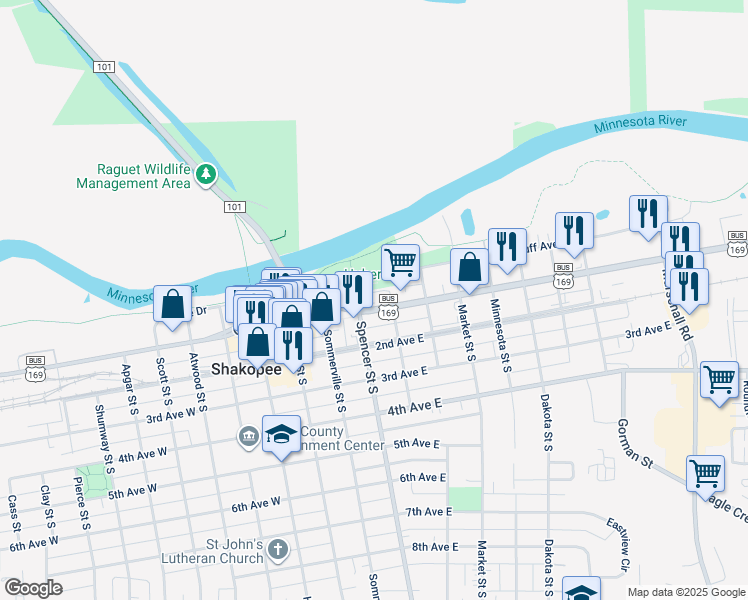 map of restaurants, bars, coffee shops, grocery stores, and more near 404 1st Avenue East in Shakopee