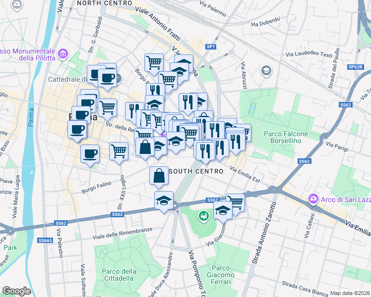 map of restaurants, bars, coffee shops, grocery stores, and more near 1-31 Strada Nuova in Parma