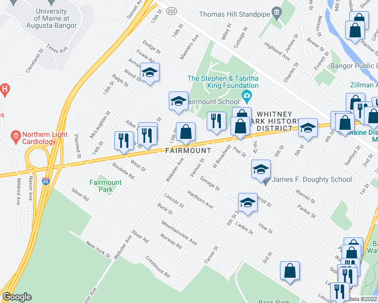 map of restaurants, bars, coffee shops, grocery stores, and more near 3 Wing Street in Bangor