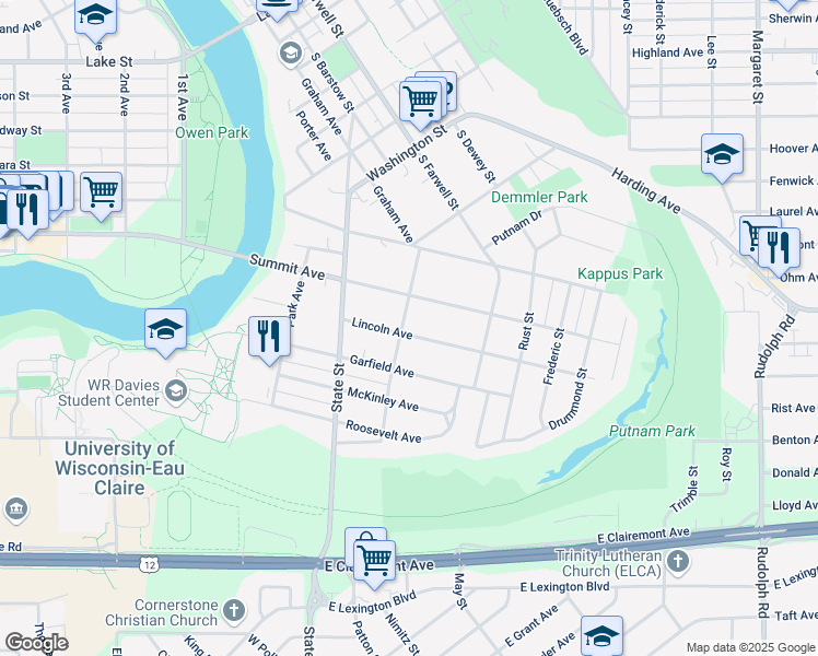 map of restaurants, bars, coffee shops, grocery stores, and more near 1507 Wilson Street in Eau Claire