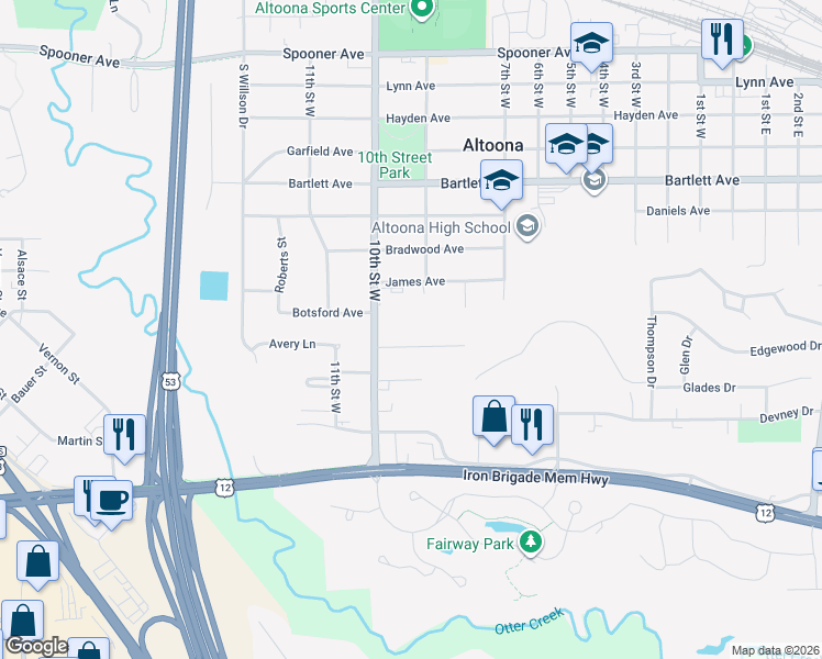 map of restaurants, bars, coffee shops, grocery stores, and more near 2303 Hillside Road in Altoona