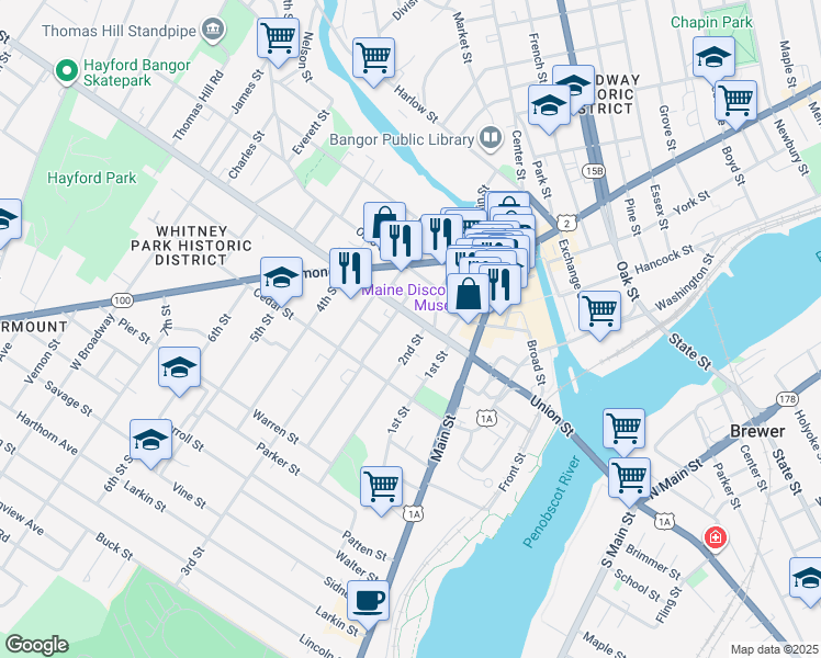 map of restaurants, bars, coffee shops, grocery stores, and more near 166 Union Street in Bangor