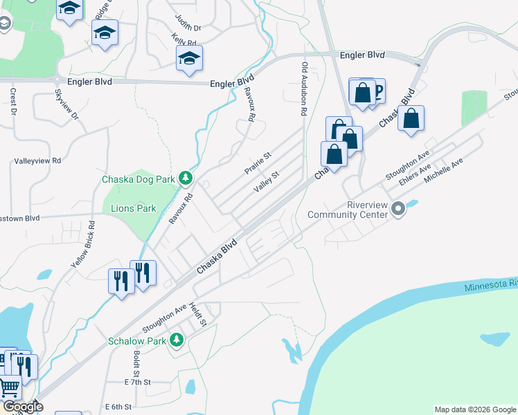 map of restaurants, bars, coffee shops, grocery stores, and more near 1209 Parallel Street in Chaska