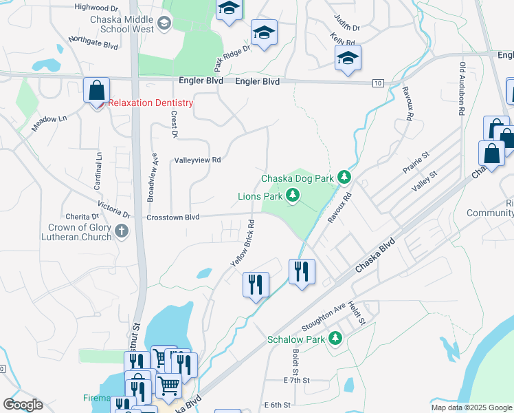 map of restaurants, bars, coffee shops, grocery stores, and more near 1285 Parkview Drive in Chaska