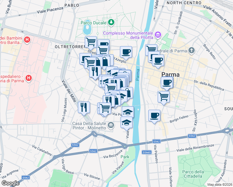 map of restaurants, bars, coffee shops, grocery stores, and more near 104 Strada Nino Bixio in Parma