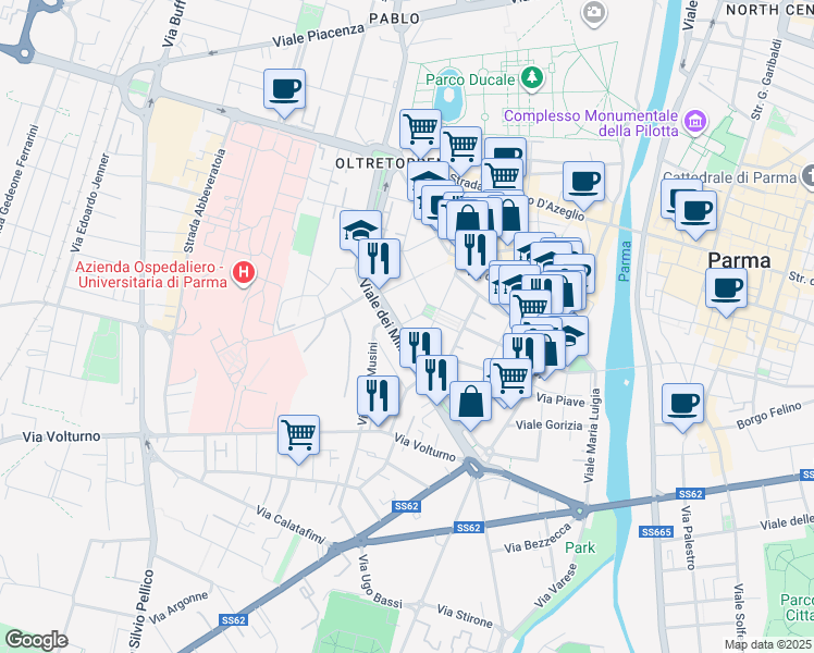 map of restaurants, bars, coffee shops, grocery stores, and more near 29 Viale Vittoria in Parma
