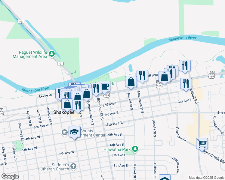 map of restaurants, bars, coffee shops, grocery stores, and more near 514 1st Avenue East in Shakopee