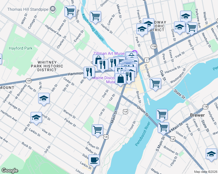 map of restaurants, bars, coffee shops, grocery stores, and more near 159 Union Street in Bangor