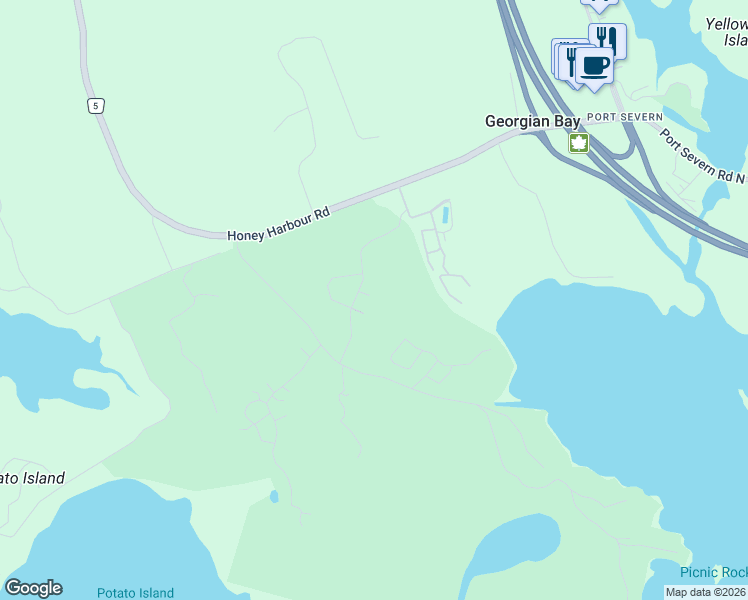 map of restaurants, bars, coffee shops, grocery stores, and more near 2 Masters Crescent in Waubaushene