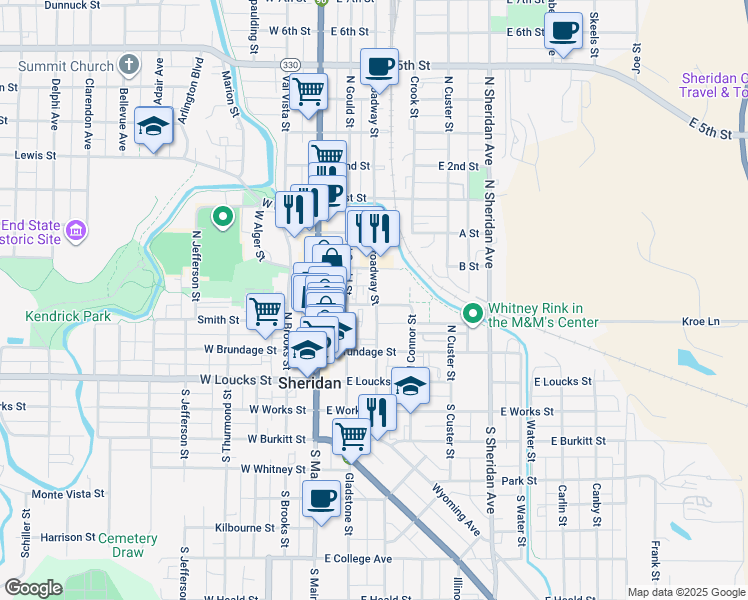 map of restaurants, bars, coffee shops, grocery stores, and more near 161 North Scott Street in Sheridan