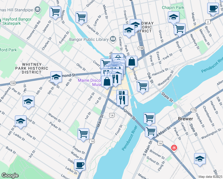 map of restaurants, bars, coffee shops, grocery stores, and more near in Bangor