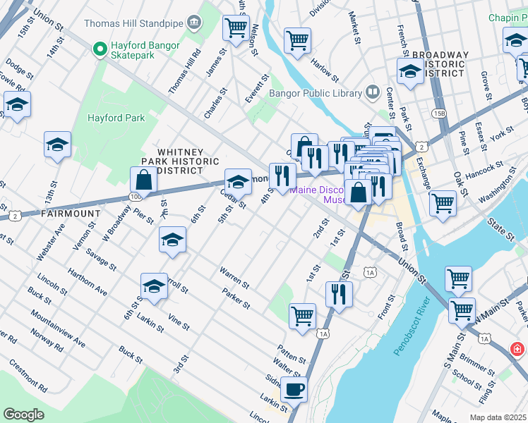 map of restaurants, bars, coffee shops, grocery stores, and more near 54 3rd Street in Bangor