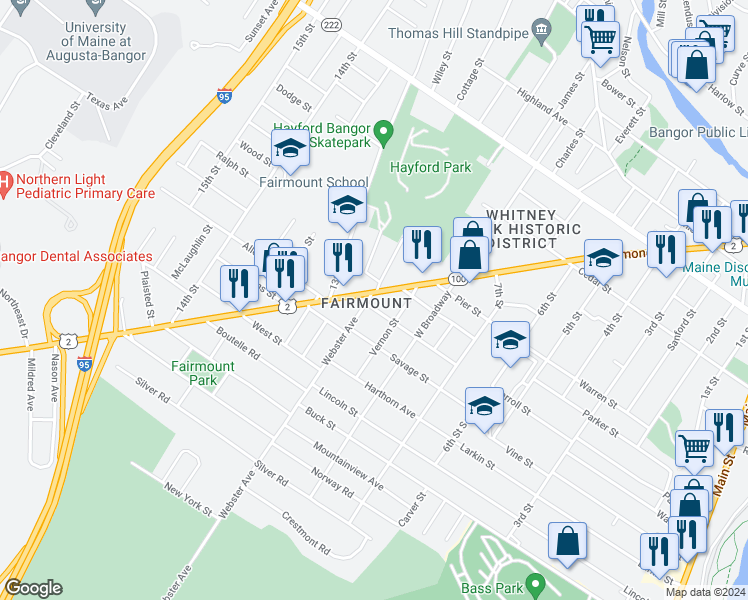 map of restaurants, bars, coffee shops, grocery stores, and more near in Bangor