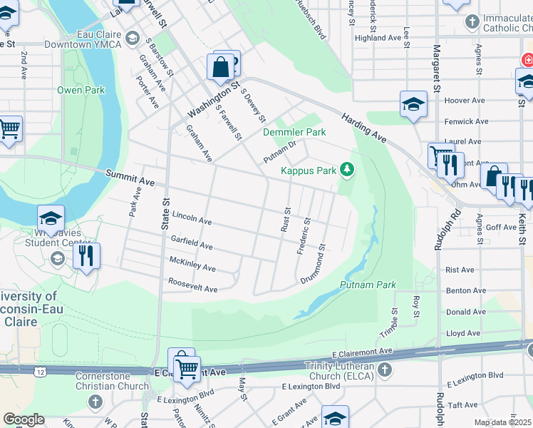 map of restaurants, bars, coffee shops, grocery stores, and more near 460 Lincoln Avenue in Eau Claire