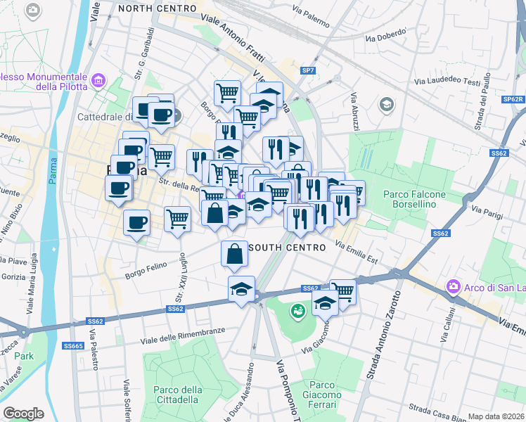 map of restaurants, bars, coffee shops, grocery stores, and more near 31 Strada Nuova in Parma