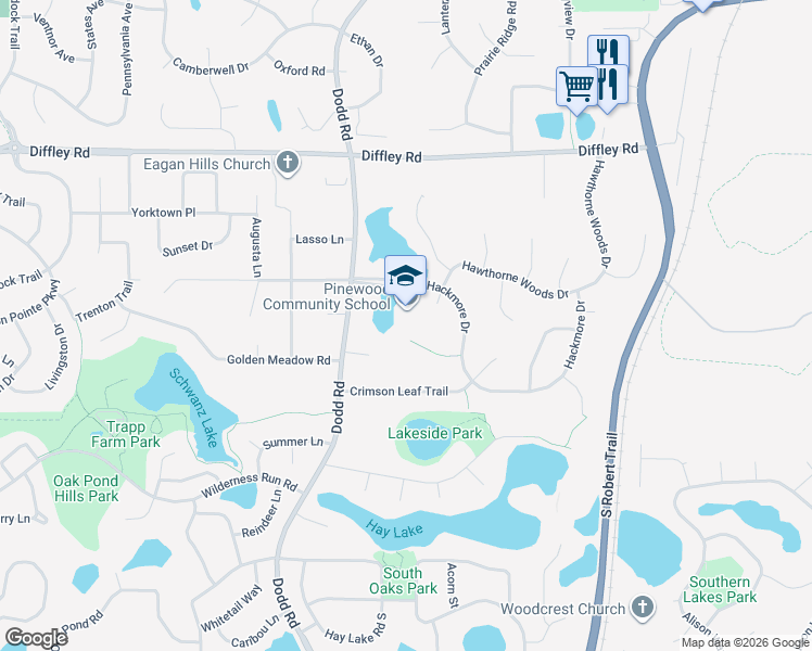 map of restaurants, bars, coffee shops, grocery stores, and more near 4300 Dodd Road in Eagan