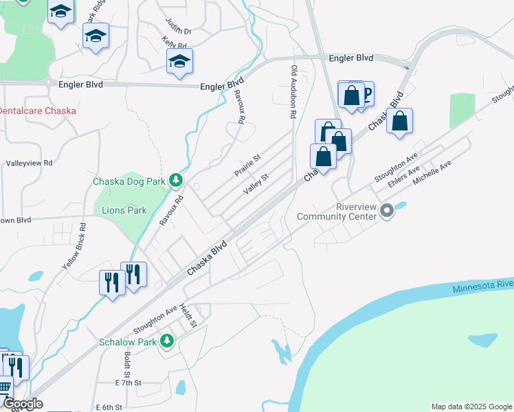 map of restaurants, bars, coffee shops, grocery stores, and more near 1245 Parallel Street in Chaska