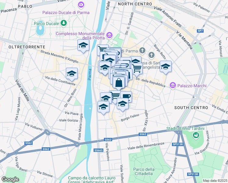 map of restaurants, bars, coffee shops, grocery stores, and more near 2 Borgo del Carbone in Parma