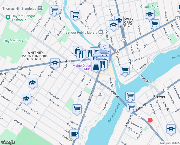 map of restaurants, bars, coffee shops, grocery stores, and more near 62 High Street in Bangor