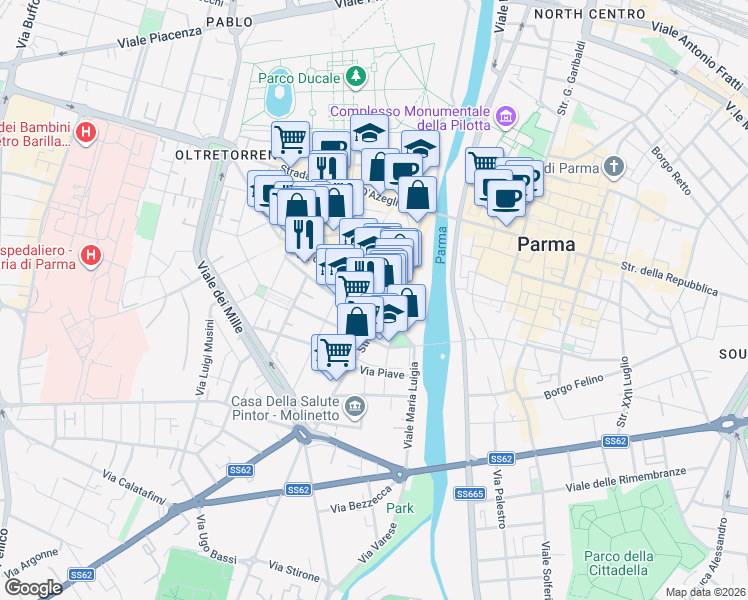 map of restaurants, bars, coffee shops, grocery stores, and more near 19 Viale Costituente in Parma
