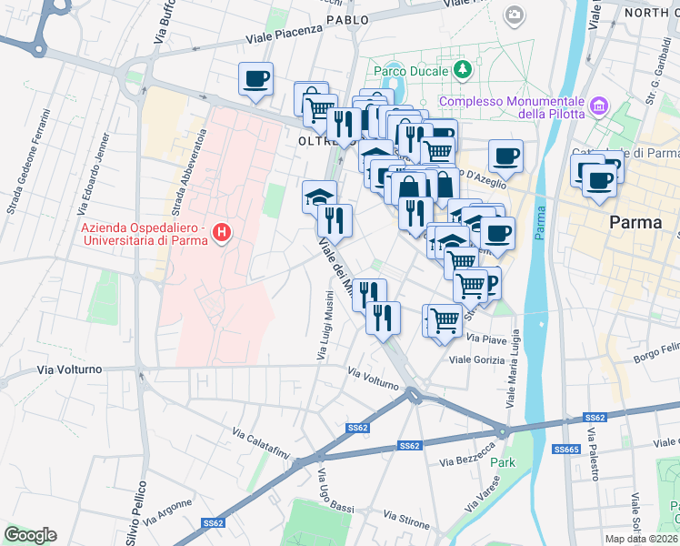 map of restaurants, bars, coffee shops, grocery stores, and more near 4 Strada Quartiere in Parma