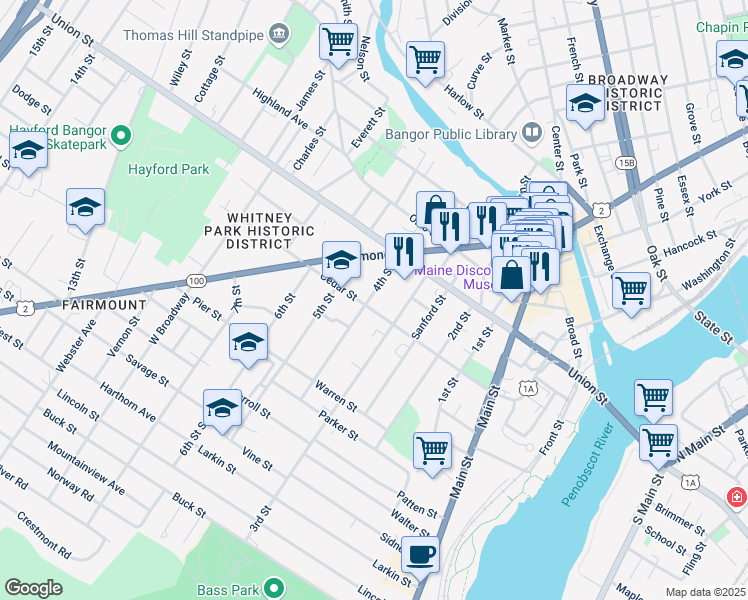 map of restaurants, bars, coffee shops, grocery stores, and more near 42 4th Street in Bangor