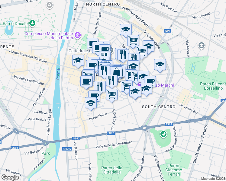 map of restaurants, bars, coffee shops, grocery stores, and more near 16 Strada XXII Luglio in Parma