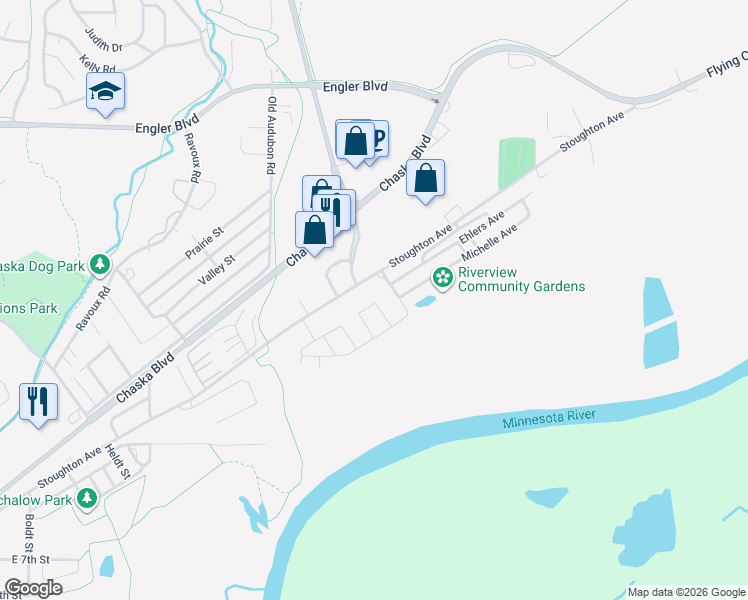 map of restaurants, bars, coffee shops, grocery stores, and more near 1260 Stoughton Avenue in Chaska