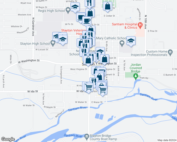 map of restaurants, bars, coffee shops, grocery stores, and more near in Stayton