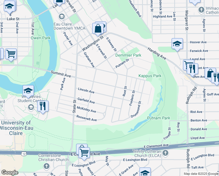 map of restaurants, bars, coffee shops, grocery stores, and more near 464 Summit Avenue in Eau Claire