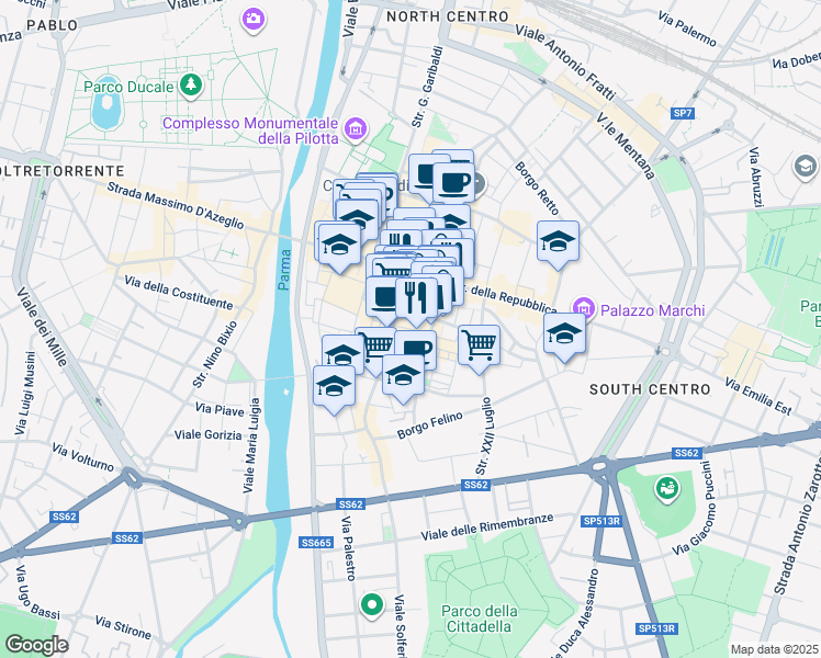 map of restaurants, bars, coffee shops, grocery stores, and more near 17 Via Nazario Sauro in Parma