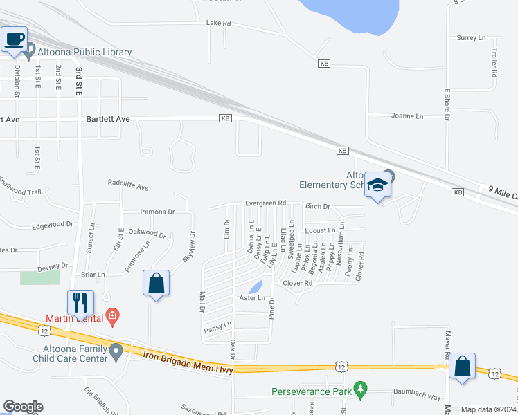 map of restaurants, bars, coffee shops, grocery stores, and more near 300 Daisy Lane East in Altoona