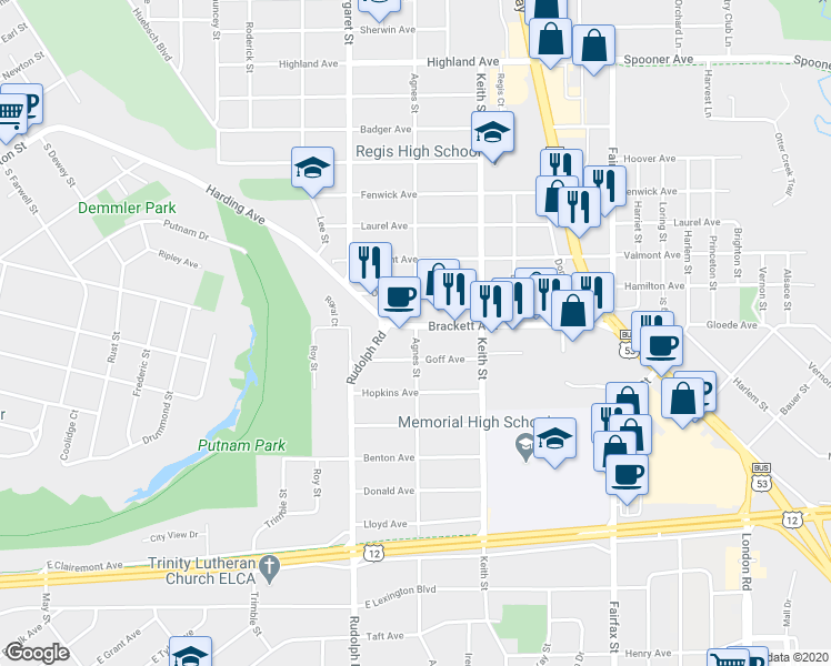 map of restaurants, bars, coffee shops, grocery stores, and more near 1822 Agnes Street in Eau Claire