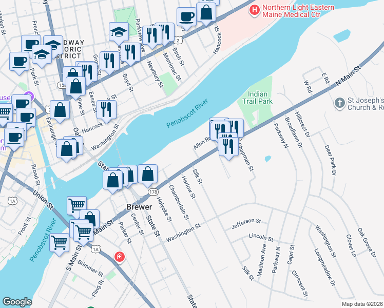 map of restaurants, bars, coffee shops, grocery stores, and more near 20 Allen Road in Brewer