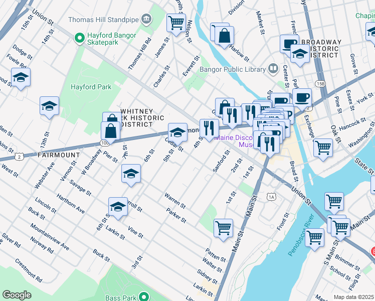 map of restaurants, bars, coffee shops, grocery stores, and more near 16 5th Street in Bangor
