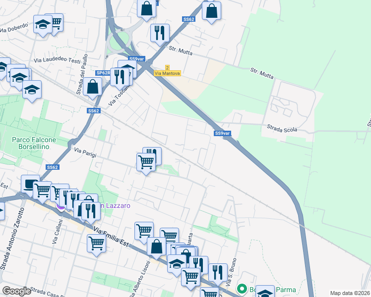 map of restaurants, bars, coffee shops, grocery stores, and more near 22 Via Londra in Parma