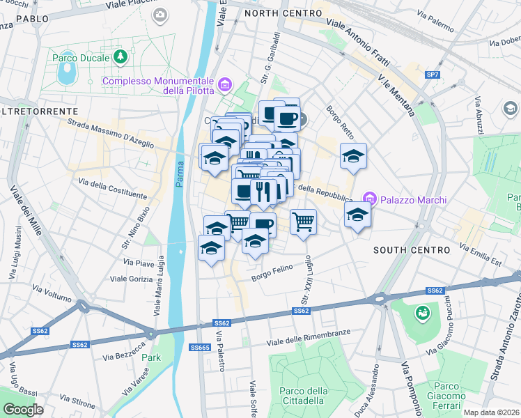 map of restaurants, bars, coffee shops, grocery stores, and more near 17 Via Nazario Sauro in Parma