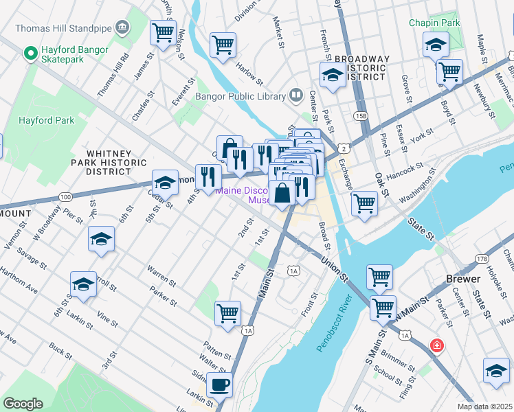 map of restaurants, bars, coffee shops, grocery stores, and more near 159 Union Street in Bangor