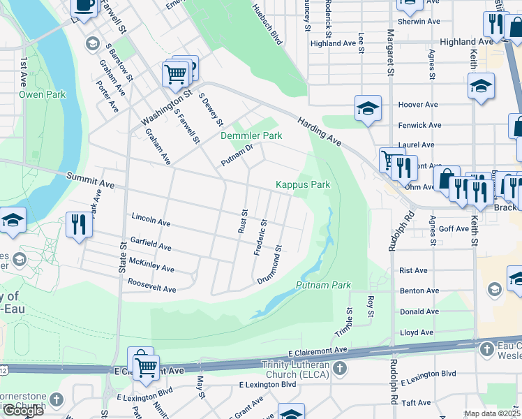 map of restaurants, bars, coffee shops, grocery stores, and more near 1412 Frederic Street in Eau Claire
