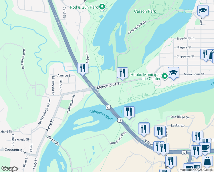map of restaurants, bars, coffee shops, grocery stores, and more near 1233a Menomonie Street in Eau Claire