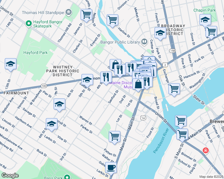 map of restaurants, bars, coffee shops, grocery stores, and more near 204 Union Street in Bangor