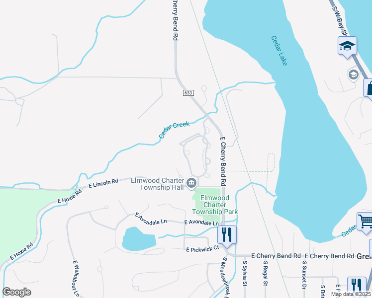 map of restaurants, bars, coffee shops, grocery stores, and more near 10200 South Elk Run Drive in Traverse City
