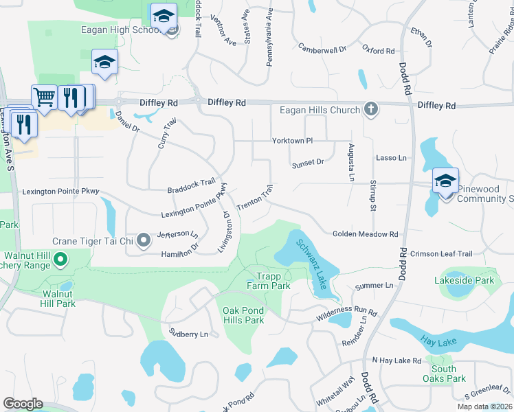 map of restaurants, bars, coffee shops, grocery stores, and more near 4309 Trenton Trail in Eagan