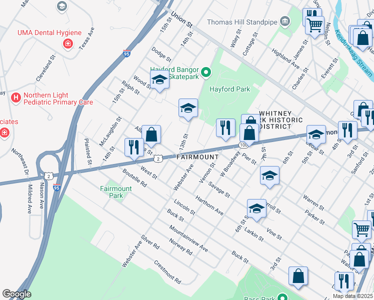 map of restaurants, bars, coffee shops, grocery stores, and more near 569 Hammond Street in Bangor